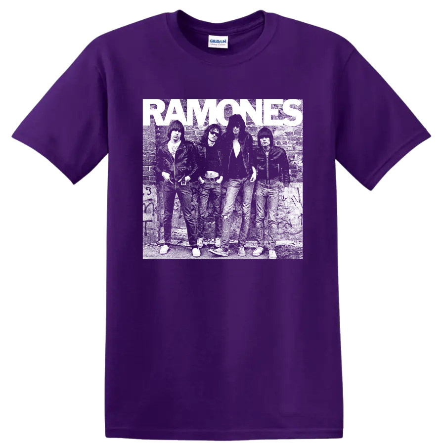 Ramones punk rock band distressed black-and-white graphic print on a Purple T Shirt