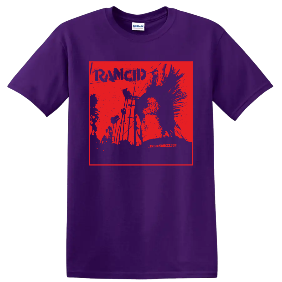 Rancid punk rock distressed graphic with bold band lettering on a Purple T Shirt