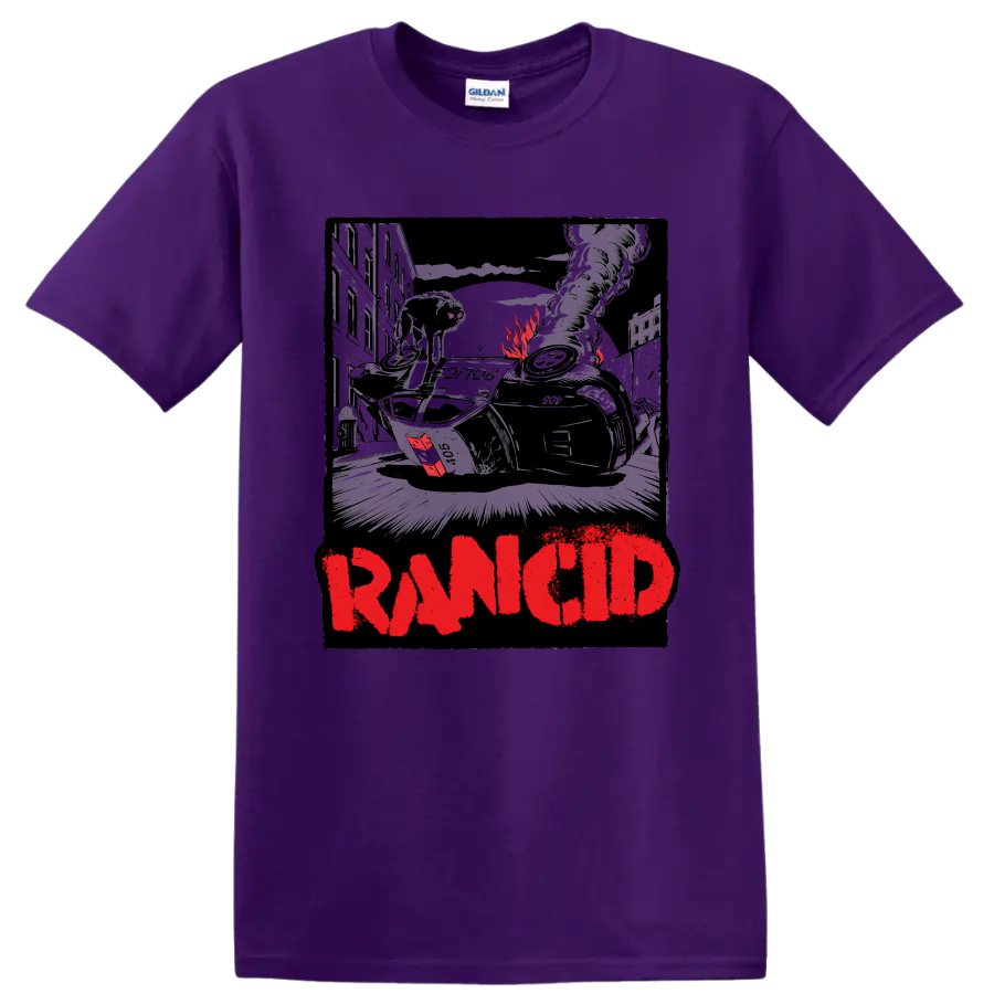 Rancid distressed punk rock graphic with urban wreckage and bold red lettering on a Purple T Shirt