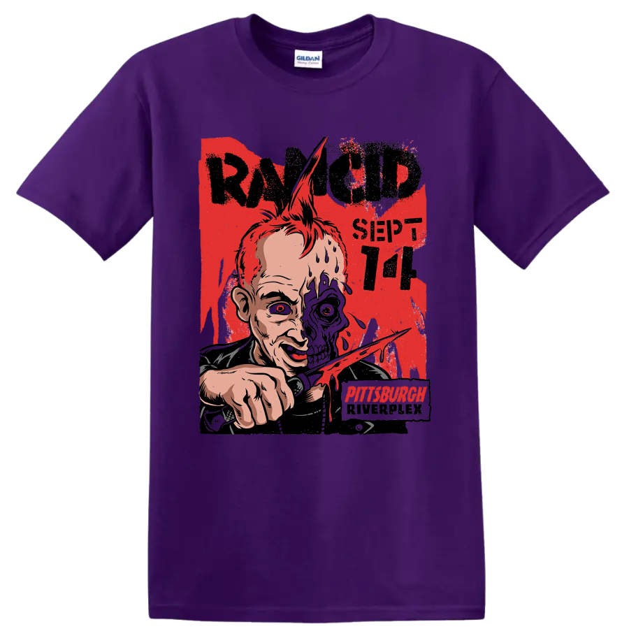Rancid punk rock distressed half-skull artwork with Pittsburgh lettering on a Purple T Shirt
