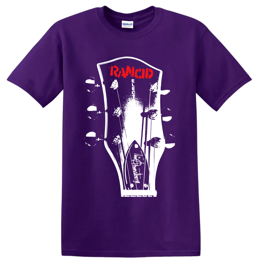 Rancid punk rock band red logo with distressed black-and-white graphic on a Purple T Shirt