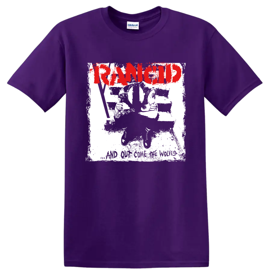 Distressed red Rancid logo with black and white punk artwork on a Purple T Shirt