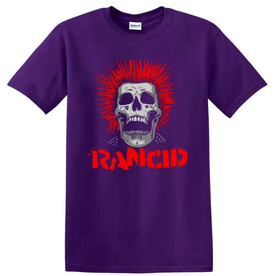 Rancid distressed skull graphic with red burst and bold lettering on a Purple T Shirt