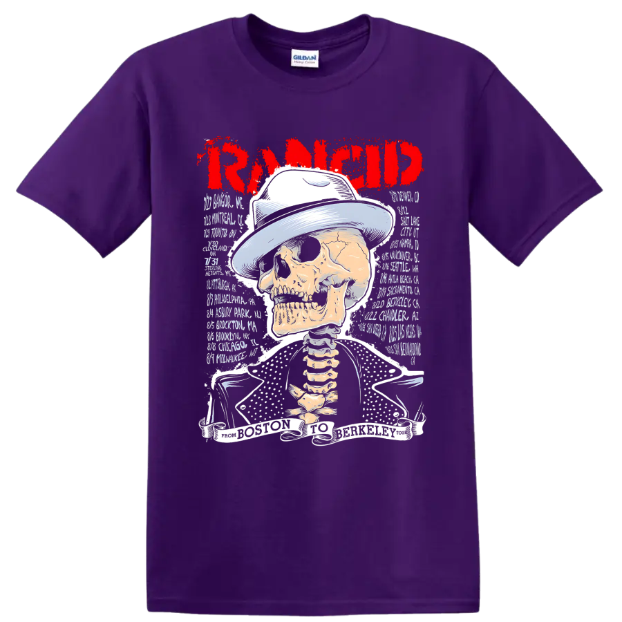 Rancid punk rock skull graphic with distressed red band lettering on a Purple T Shirt