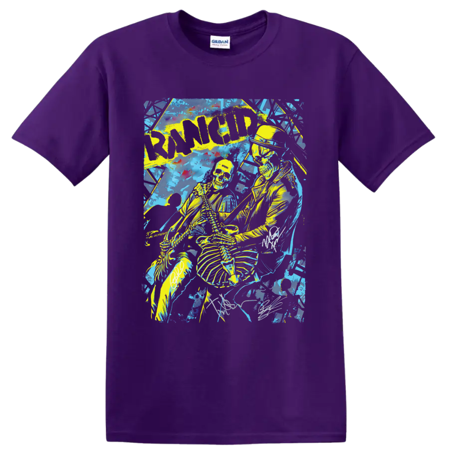 Rancid punk rock skeleton graphic with bold lettering on a Purple T Shirt
