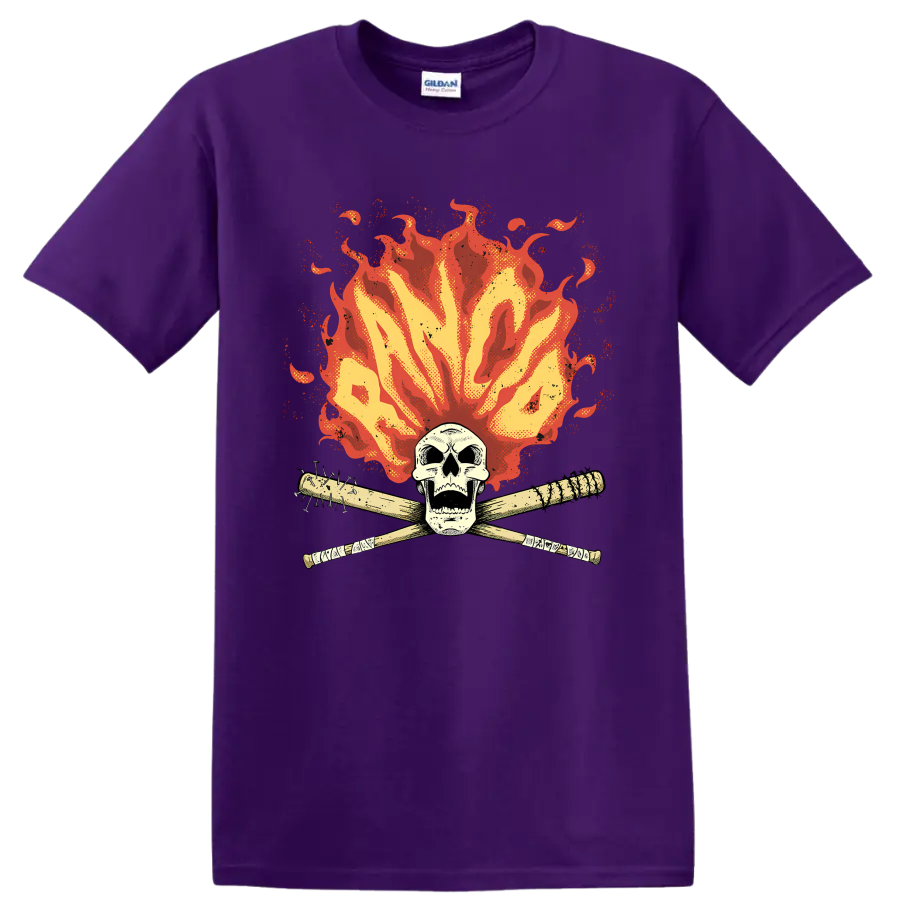 Rancid punk rock skull with crossed bats and distressed flames on a Purple T Shirt