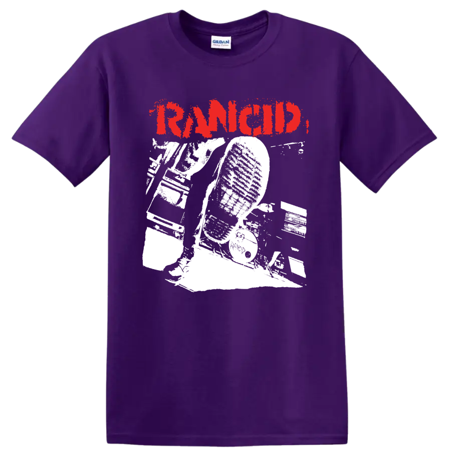 Rancid distressed red logo with bold monochrome punk rock artwork on a Purple T Shirt