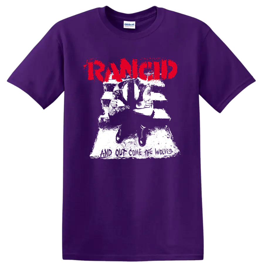 Rancid punk rock graphic with distressed red lettering and white illustration on a Purple T Shirt