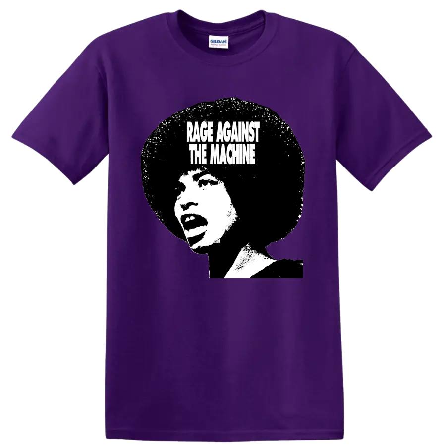 Rage Against the Machine distressed black and white portrait graphic on a Purple T Shirt