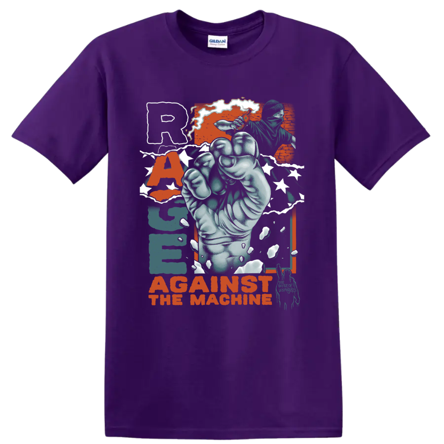 Rage Against the Machine distressed raised fist protest graphic on a Purple T Shirt