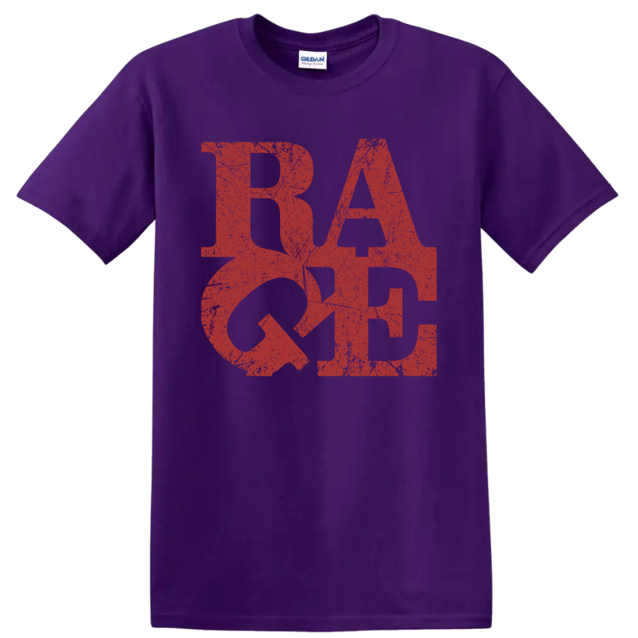Distressed red RATM logo graphic print on a Purple T Shirt
