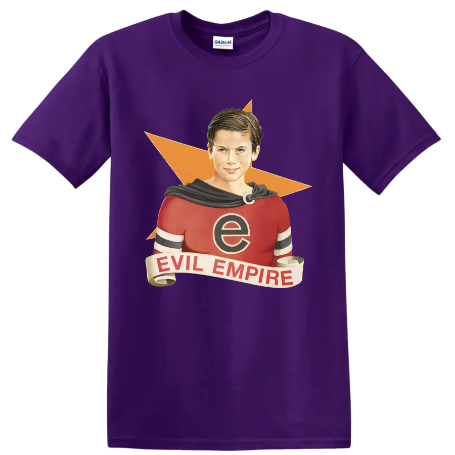 Rage Against the Machine Evil Empire vintage comic-style superhero graphic on a Purple T Shirt