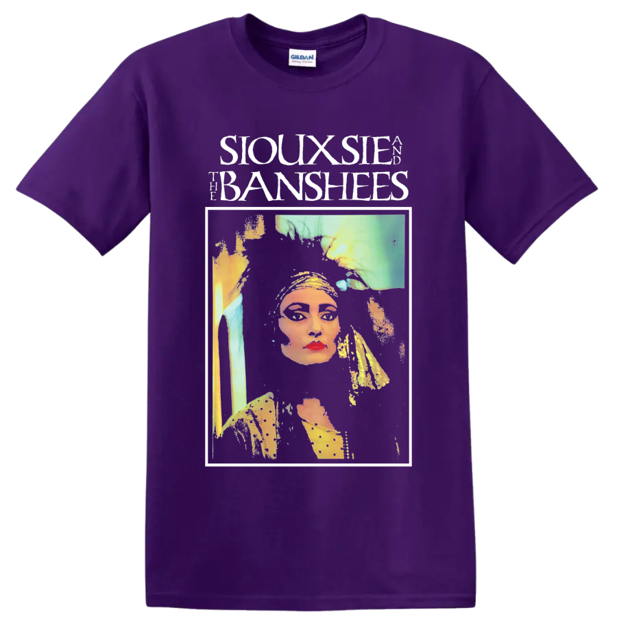 Siouxsie and the Banshees punk rock portrait graphic with bold lettering on a Purple T Shirt