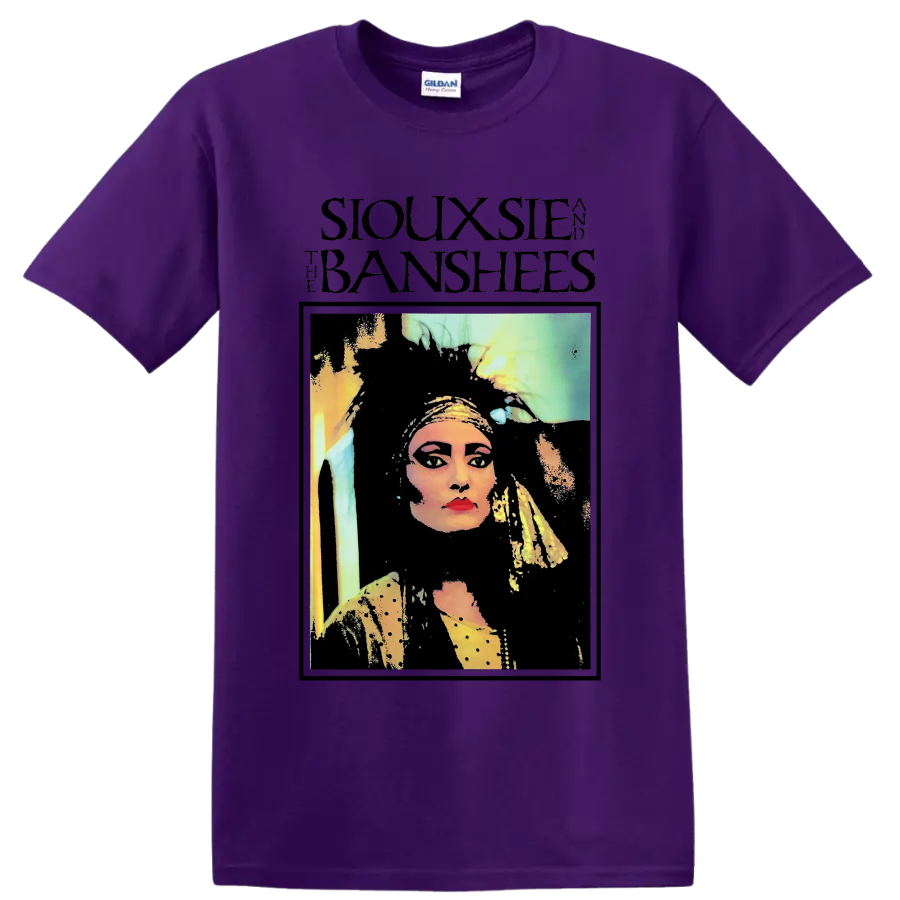 Siouxsie and the Banshees punk rock portrait graphic on a Purple T Shirt