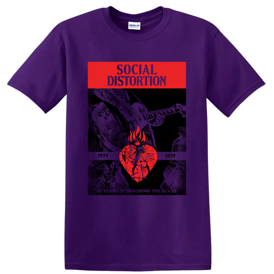 Social Distortion cracked heart flame punk rock graphic on a Purple T Shirt