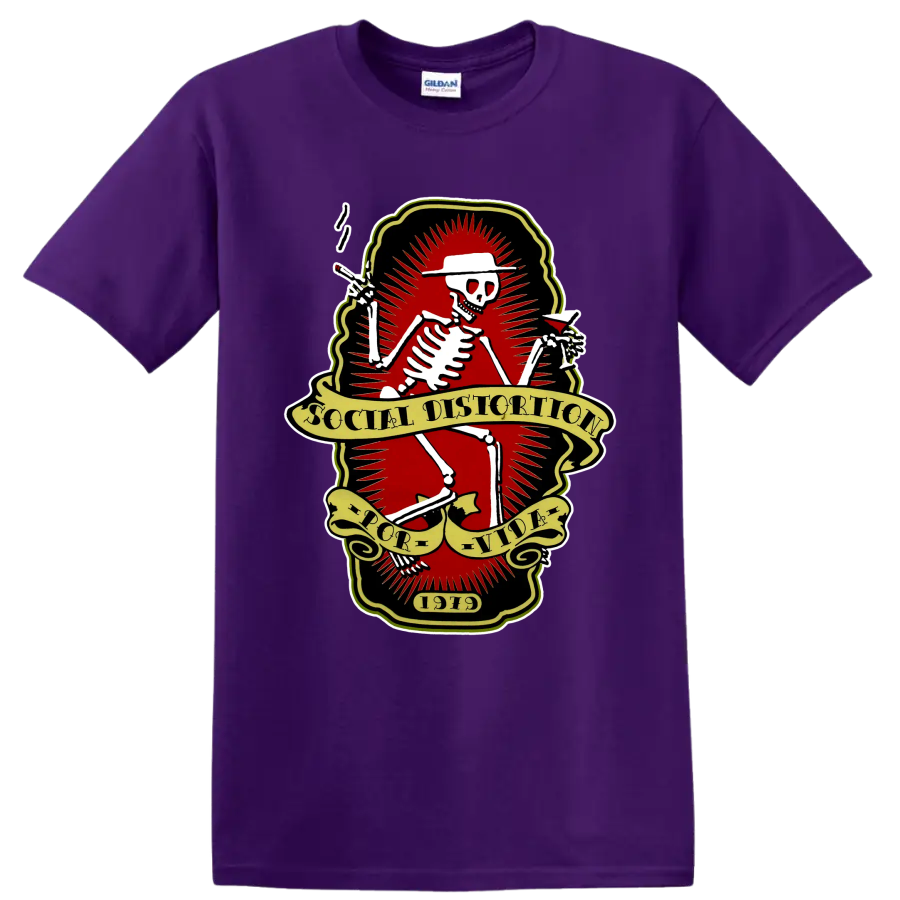 Social Distortion skeleton punk rock band logo with vintage banners on a Purple T Shirt