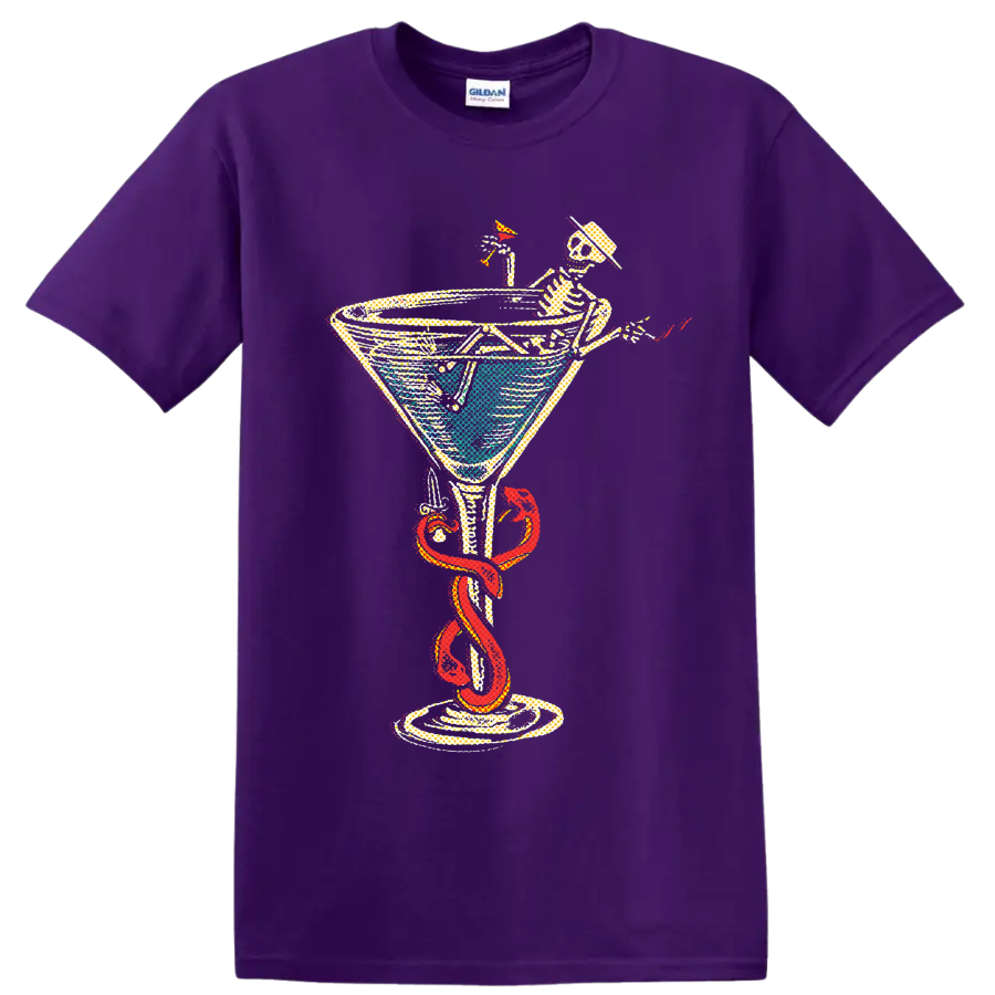 Social Distortion punk rock skeleton cocktail graphic with red snake on a Purple T Shirt