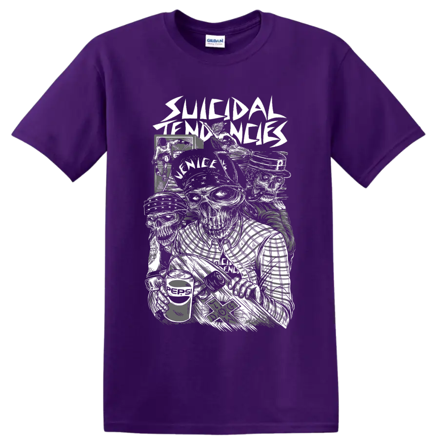 Suicidal Tendencies punk rock band graphic with illustrated figures on a Purple T Shirt