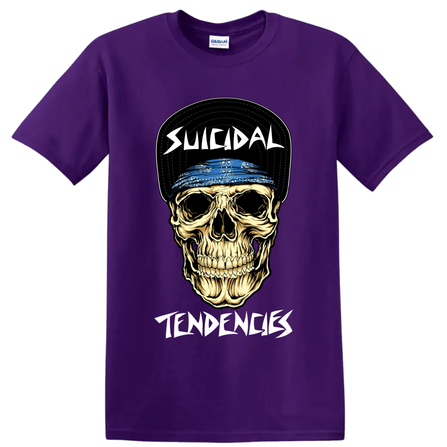 Suicidal Tendencies skull graphic with blue bandana and bold lettering on a Purple T Shirt