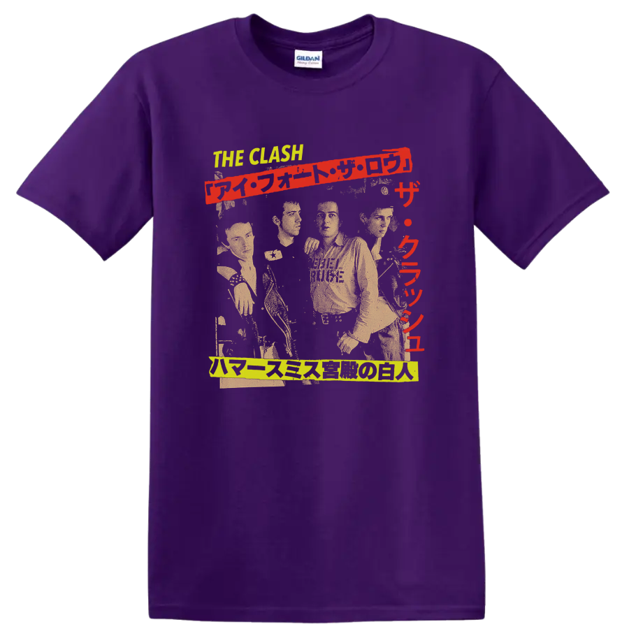 The Clash punk rock graphic with performer silhouettes and red lettering on a Purple T Shirt