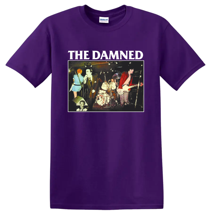 The Damned vintage punk rock live concert graphic with band lettering on a Purple T Shirt