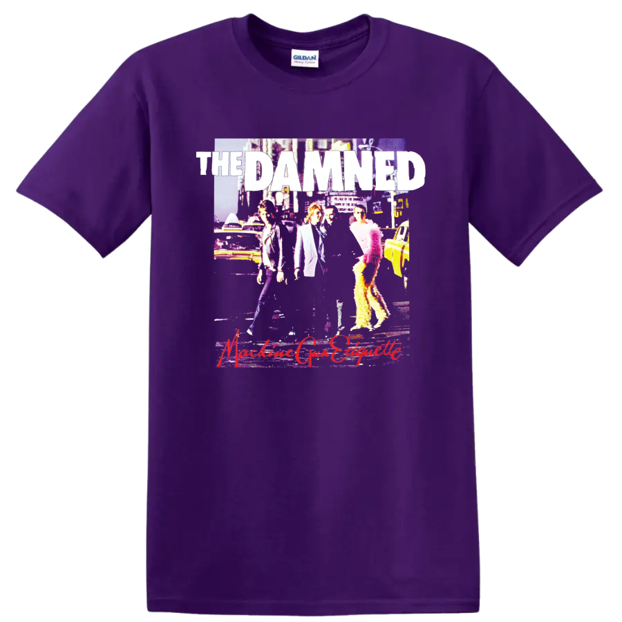 The Damned punk rock band graphic with bold white lettering and vivid collage art on a Purple T Shirt