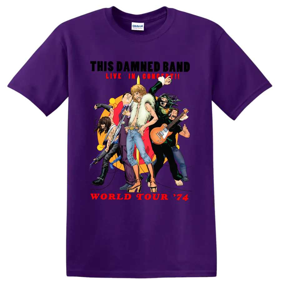 The Damned World Tour 74 vintage punk rock musicians graphic on a Purple T Shirt