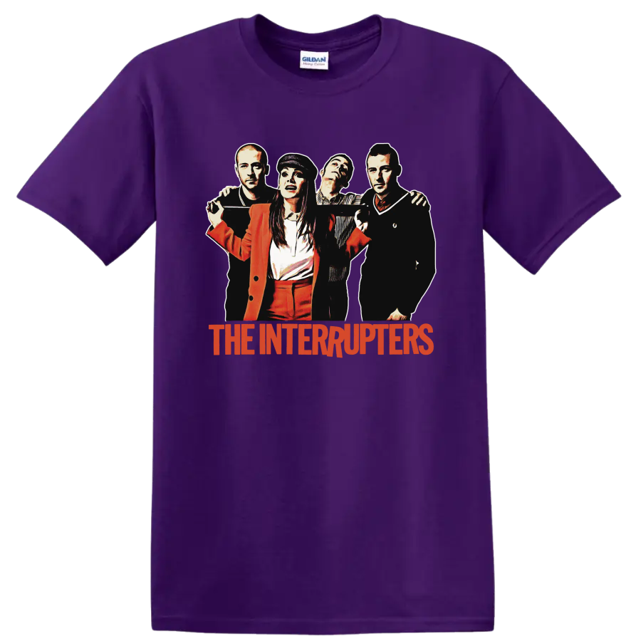 The Interrupters punk rock band portrait with red band name graphic on a Purple T Shirt