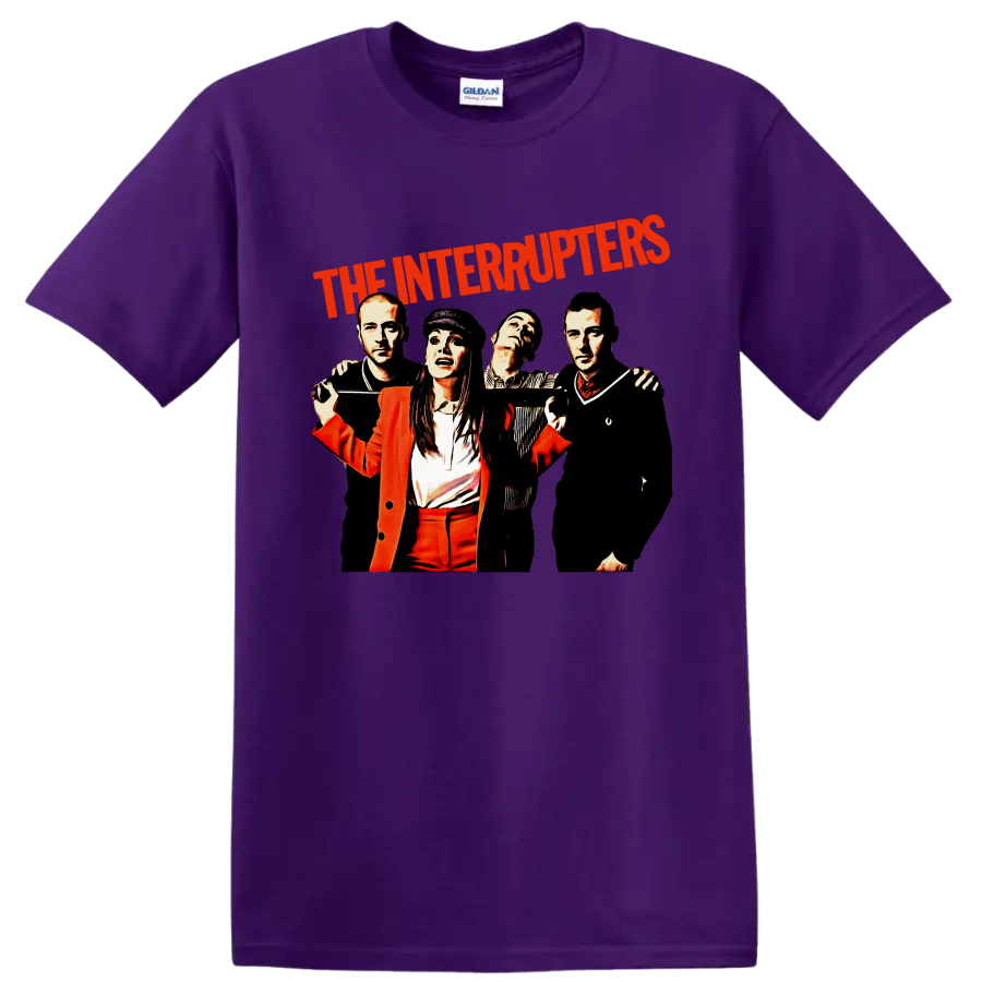 The Interrupters punk rock band graphic with red lettering and four performers on a Purple T Shirt
