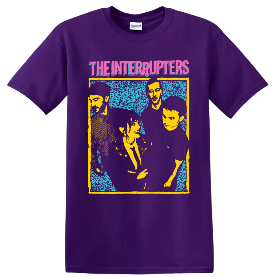 The Interrupters punk rock band portrait graphic with distressed retro styling on a Purple T Shirt