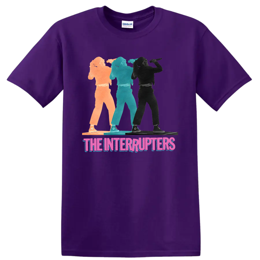 The Interrupters punk rock band graphic with three distressed performer silhouettes on a Purple T Shirt