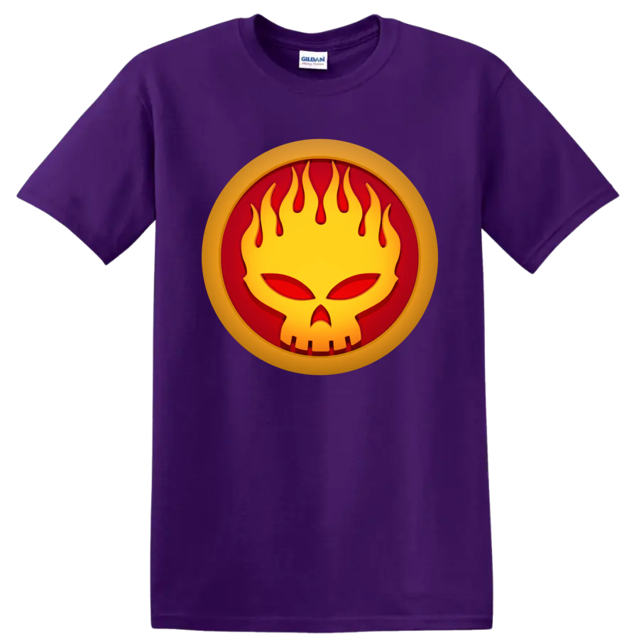 The Offspring flaming face punk rock logo graphic on a Purple T Shirt