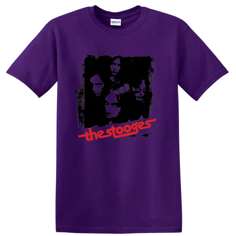 The Stooges vintage punk rock portrait collage with red band lettering on a Purple T Shirt