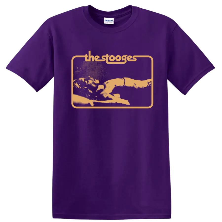 The Stooges distressed punk rock band graphic with framed lettering on a Purple T Shirt