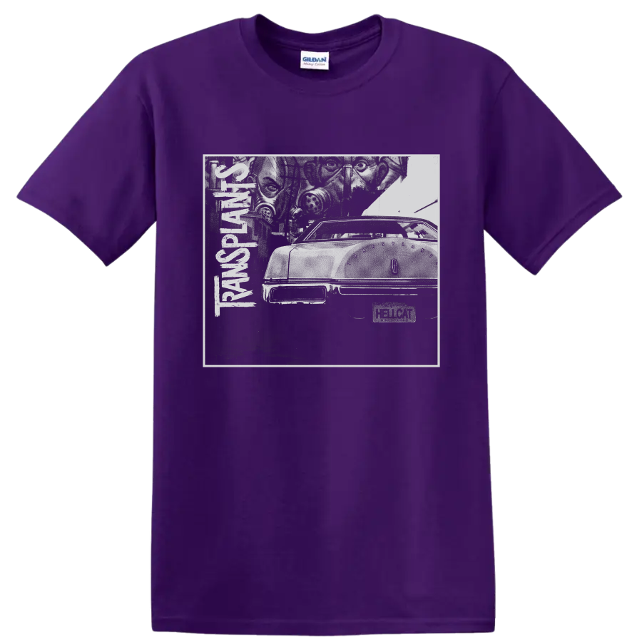 Transplants punk rock distressed car graphic with vertical band lettering on a Purple T Shirt