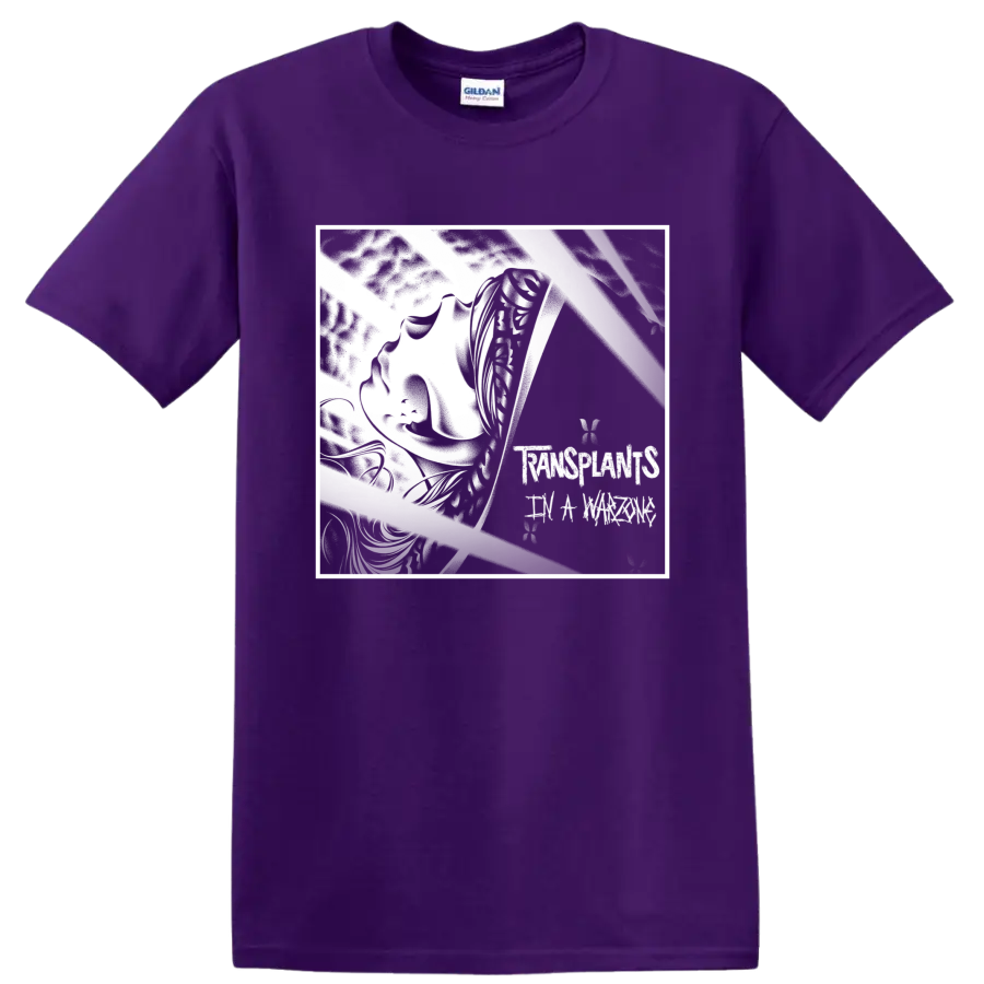 Transplants punk rock graphic with bold angular black-and-white emblem on a Purple T Shirt