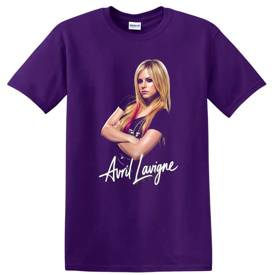 Avril Lavigne pop art portrait with white script lettering on a Purple T Shirt