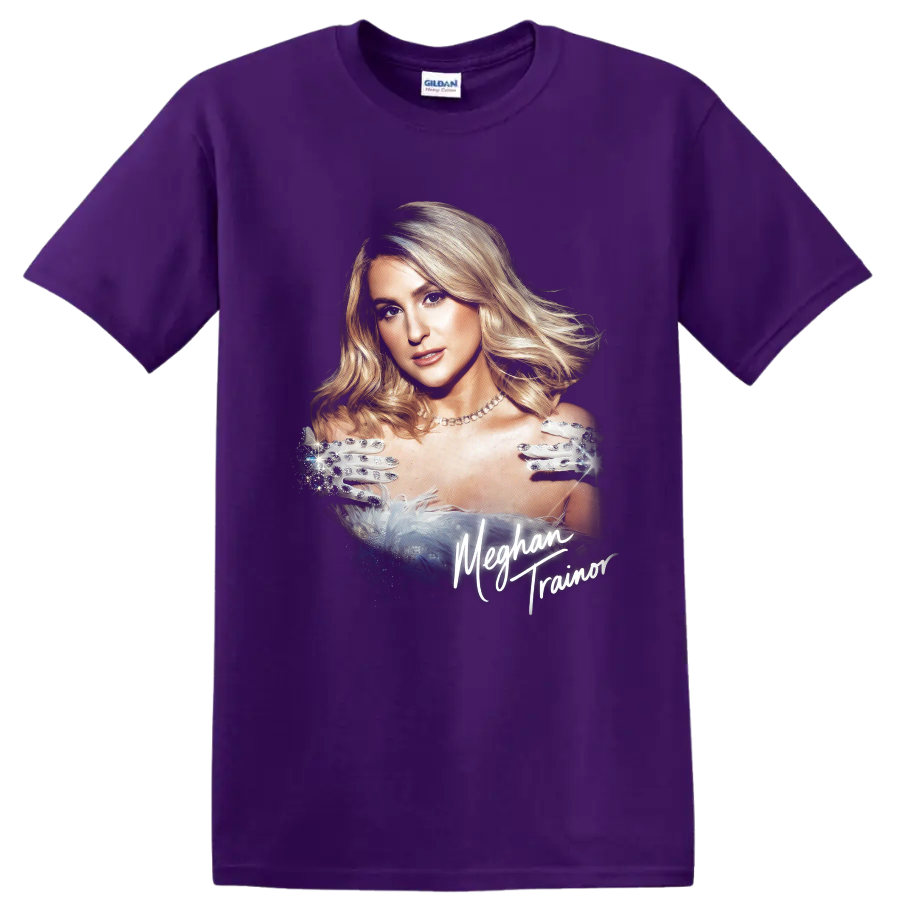 Meghan Trainor glamorous pop star portrait with script lettering on a Purple T Shirt