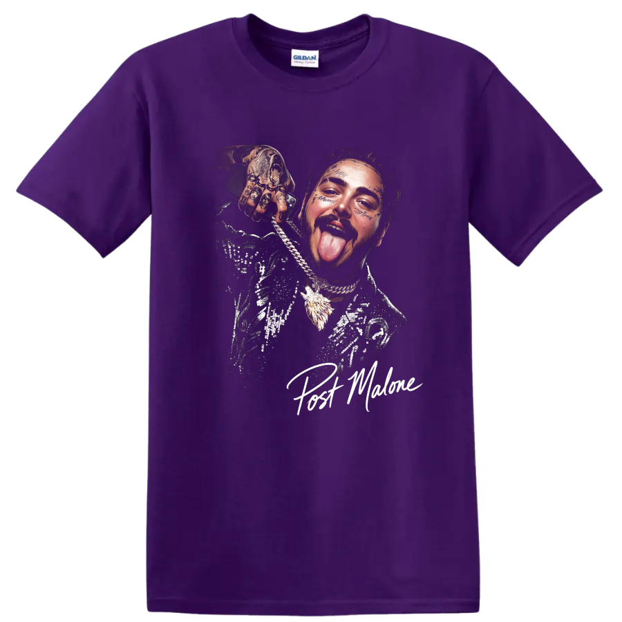 Post Malone stylized halftone portrait with chains and facial tattoos on a Purple T Shirt