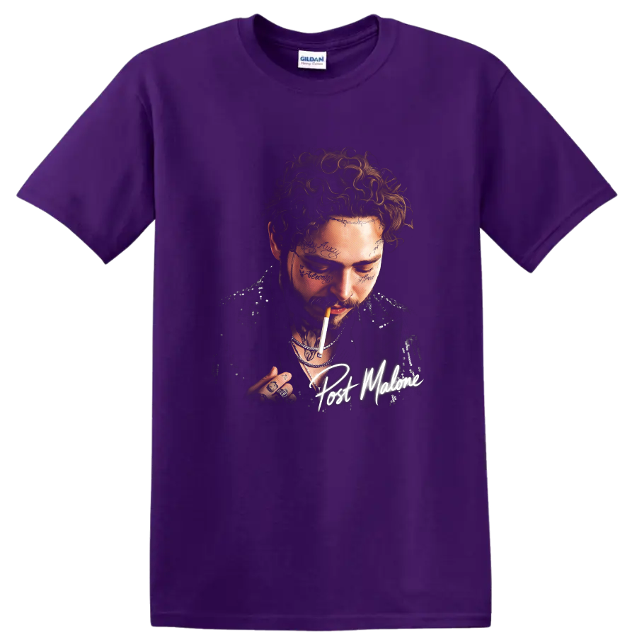 Post Malone portrait with handwritten signature, curly hair, and facial tattoos on a Purple T Shirt