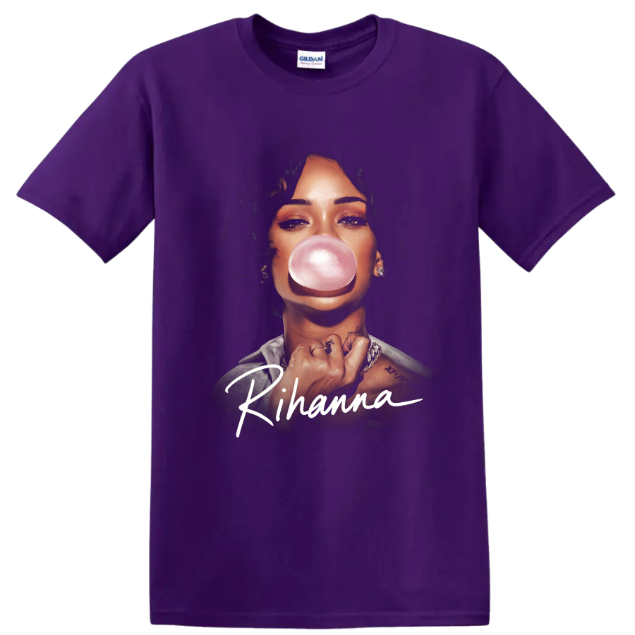 Rihanna pop-art portrait blowing a pink bubble with signature lettering on a Purple T Shirt