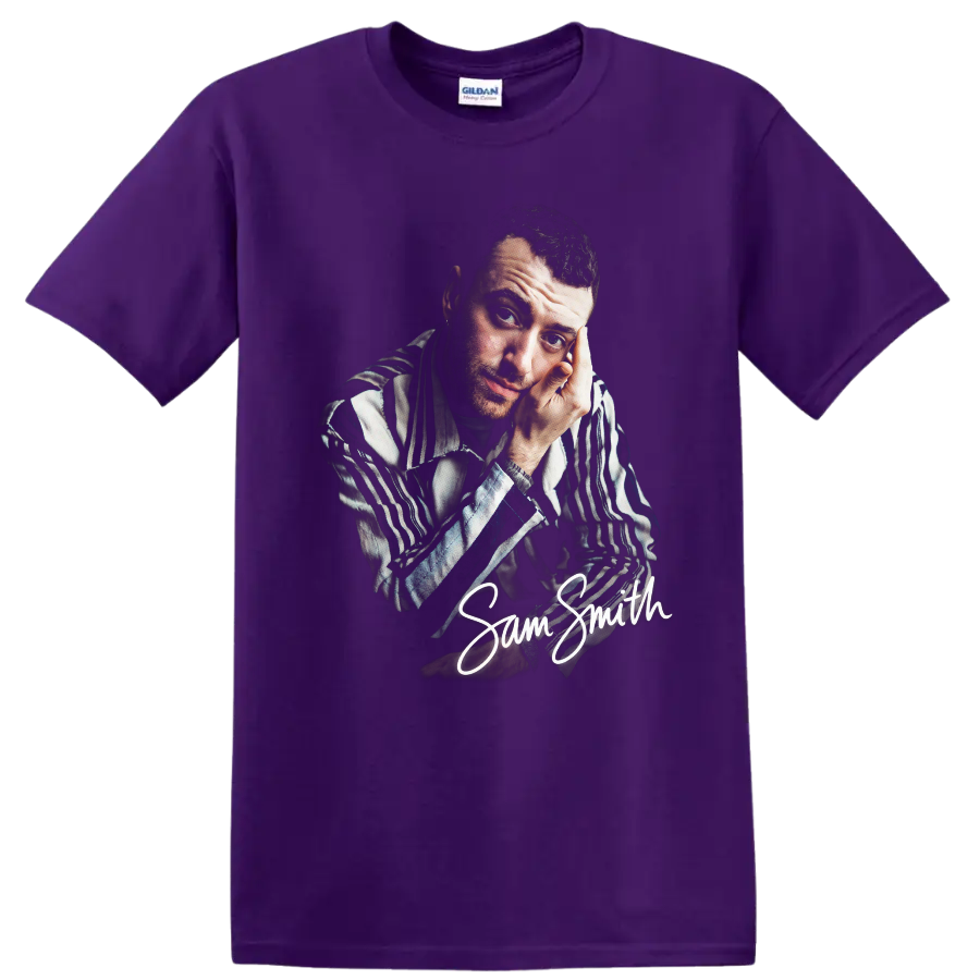 Sam Smith portrait fan art with handwritten signature on a Purple T Shirt