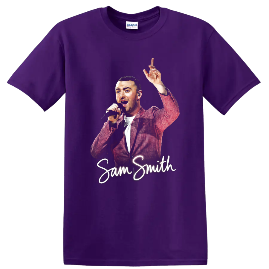 Sam Smith performing with microphone and raised hand, script name design on a Purple T Shirt