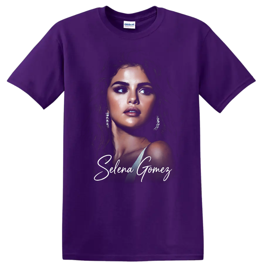 Selena Gomez glamorous digital portrait with white script lettering on a Purple T Shirt