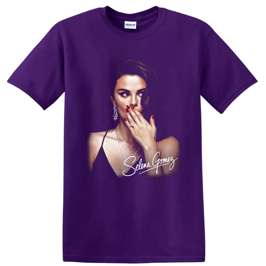 Selena Gomez portrait digital illustration with signature on a Purple T Shirt