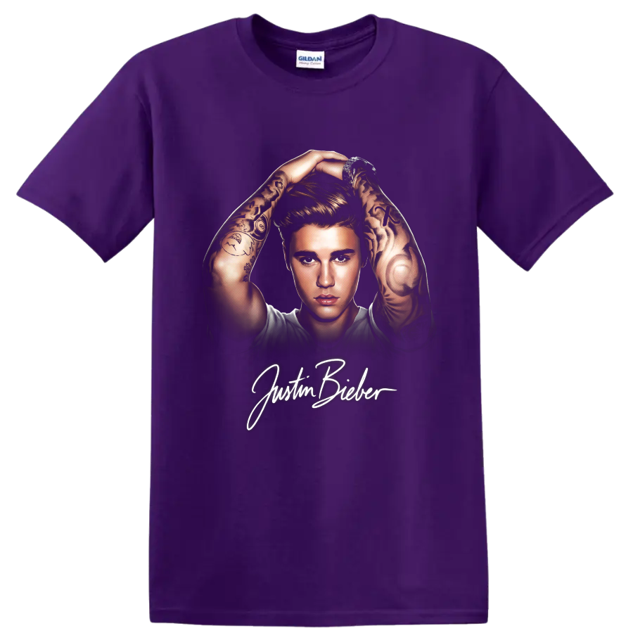 Justin Bieber pop-art portrait with tattooed arms and signature text on a Purple T Shirt