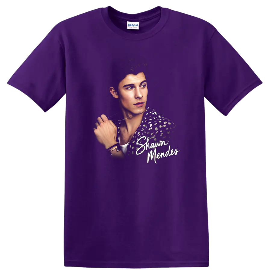 Shawn Mendes portrait graphic with script lettering and patterned jacket on a Purple T Shirt