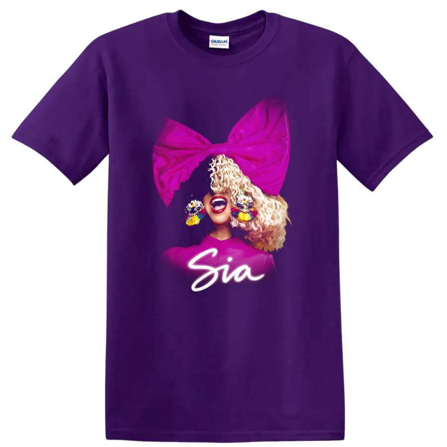 Sia pop star portrait with oversized pink bow and colorful earrings on a Purple T Shirt