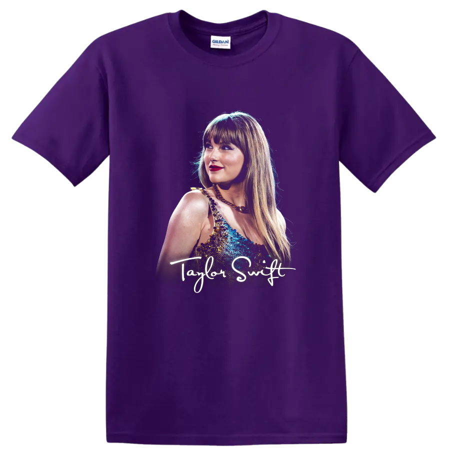 Taylor Swift Eras Tour portrait graphic with signature script on a Purple T Shirt