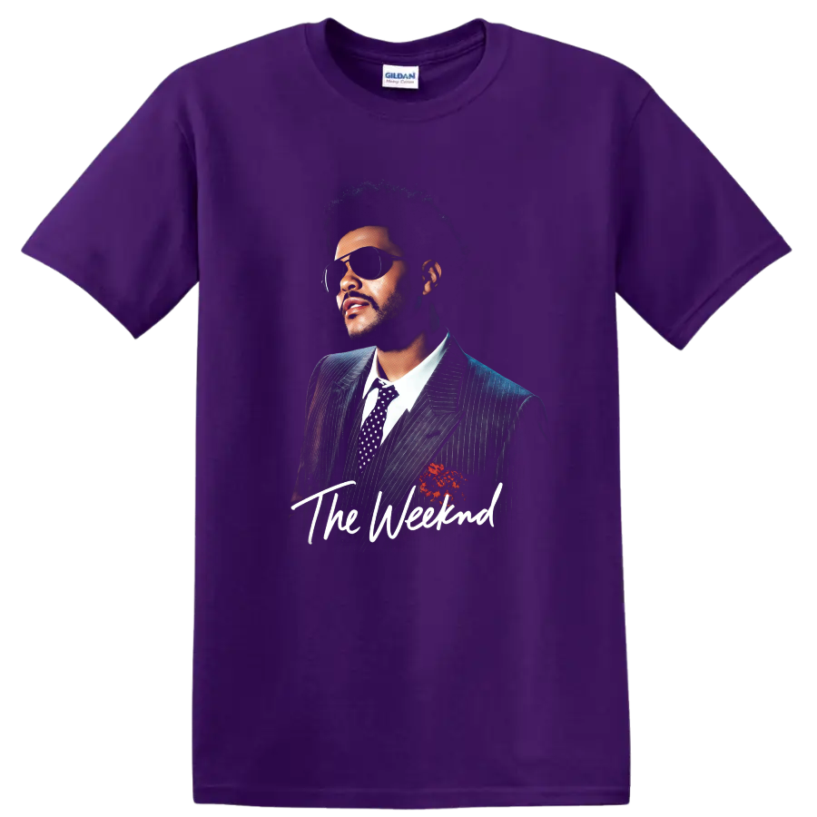 The Weeknd portrait graphic with sunglasses, pinstripe suit, and script text on a Purple T Shirt